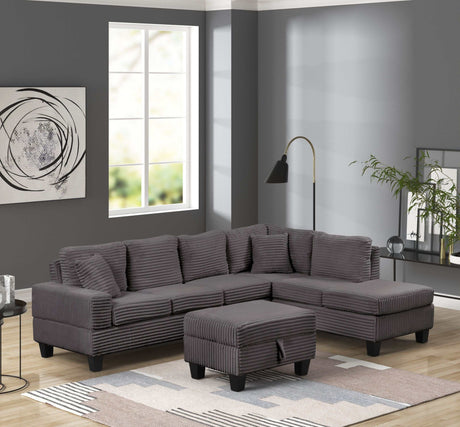 Cozy Gray Velvet RAF Sectional Sofa w/ Storage Ottoman - Ornate Home