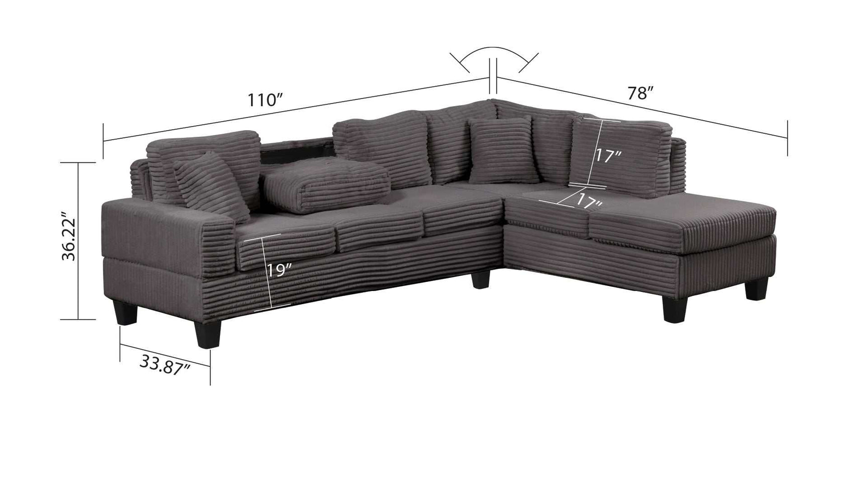 Cozy Gray Velvet RAF Sectional Sofa w/ Storage Ottoman - Ornate Home