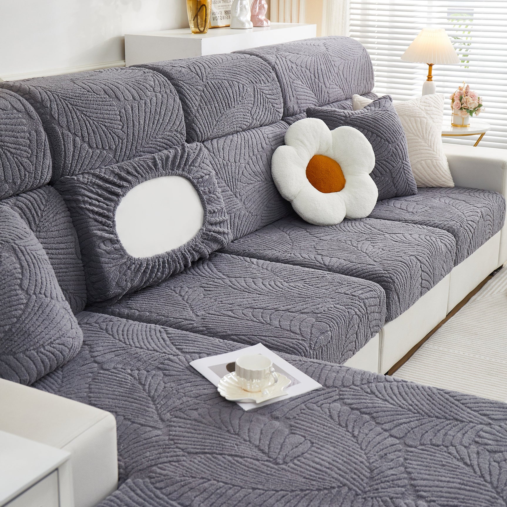 Cozy Plush Coral Fleece Sofa Cushion Slipcovers, Stretch Leaves Cushion Covers, Furniture Slipcovers - Ornate Home