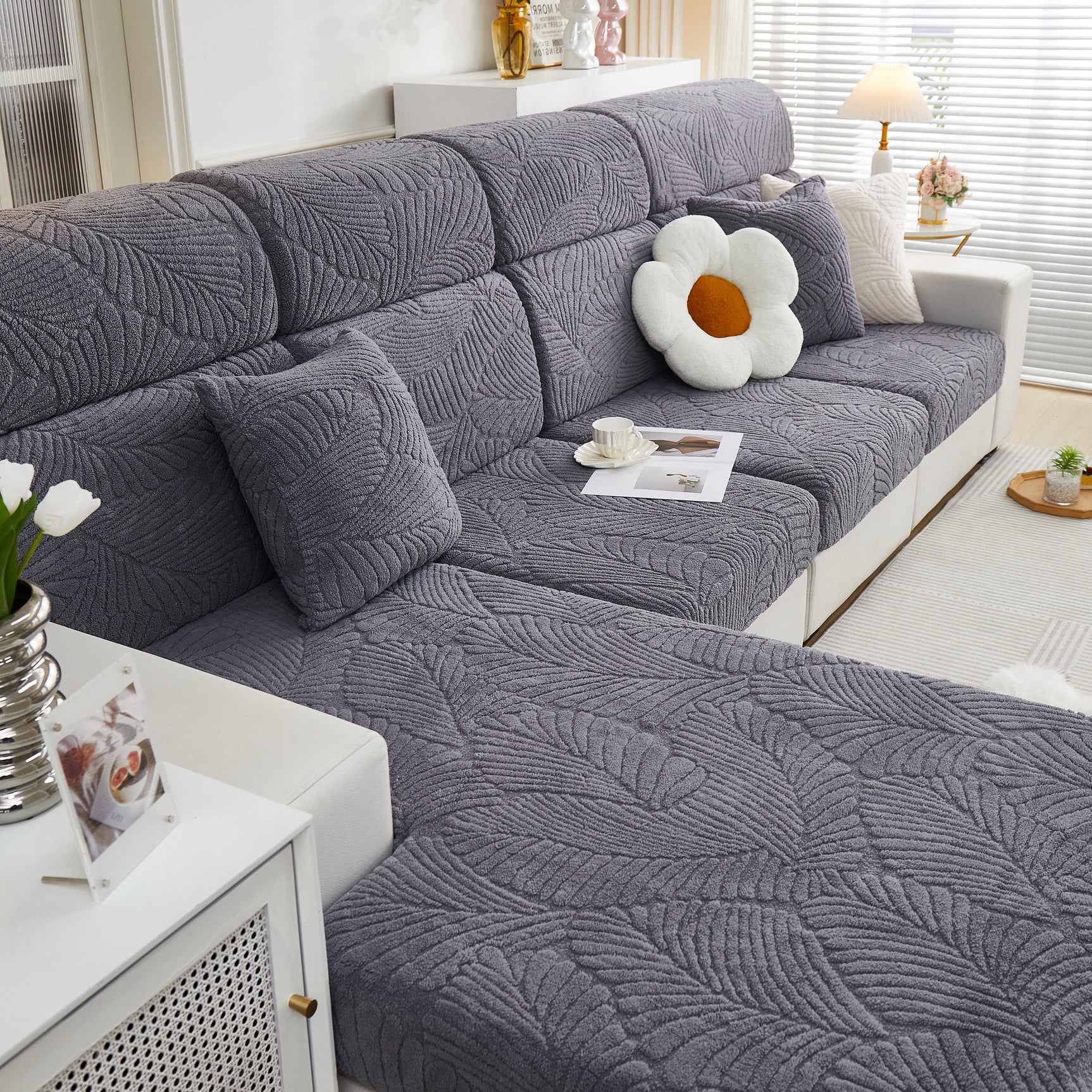 Cozy Plush Coral Fleece Sofa Cushion Slipcovers, Stretch Leaves Cushion Covers, Furniture Slipcovers - Ornate Home