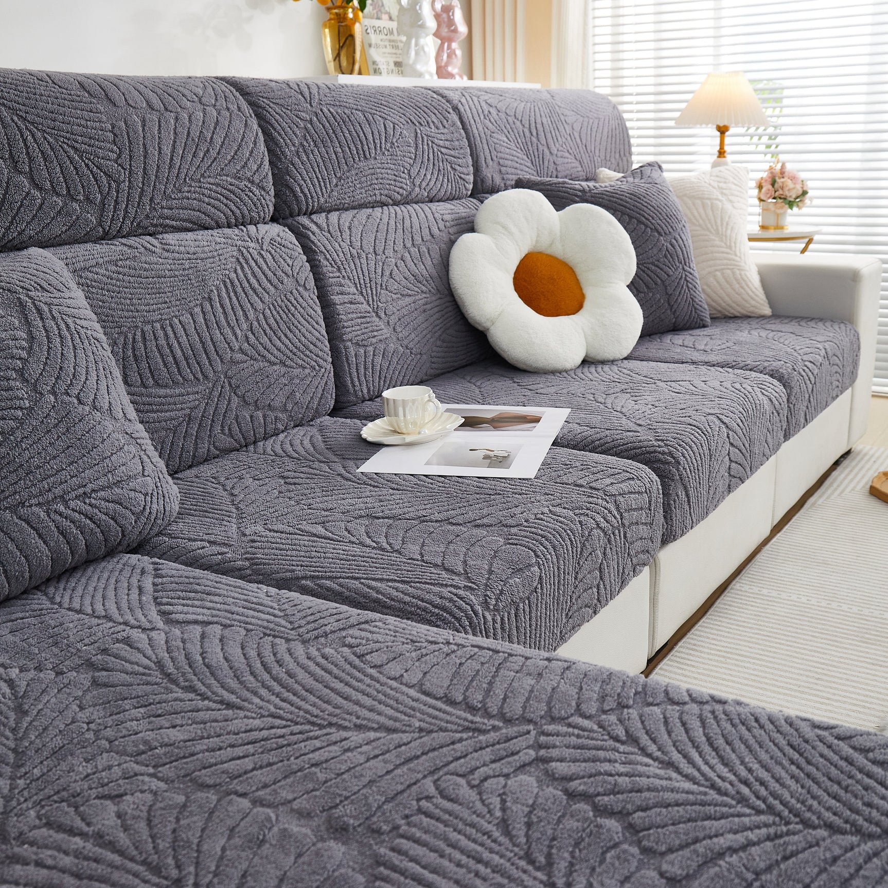 Cozy Plush Coral Fleece Sofa Cushion Slipcovers, Stretch Leaves Cushion Covers, Furniture Slipcovers - Ornate Home