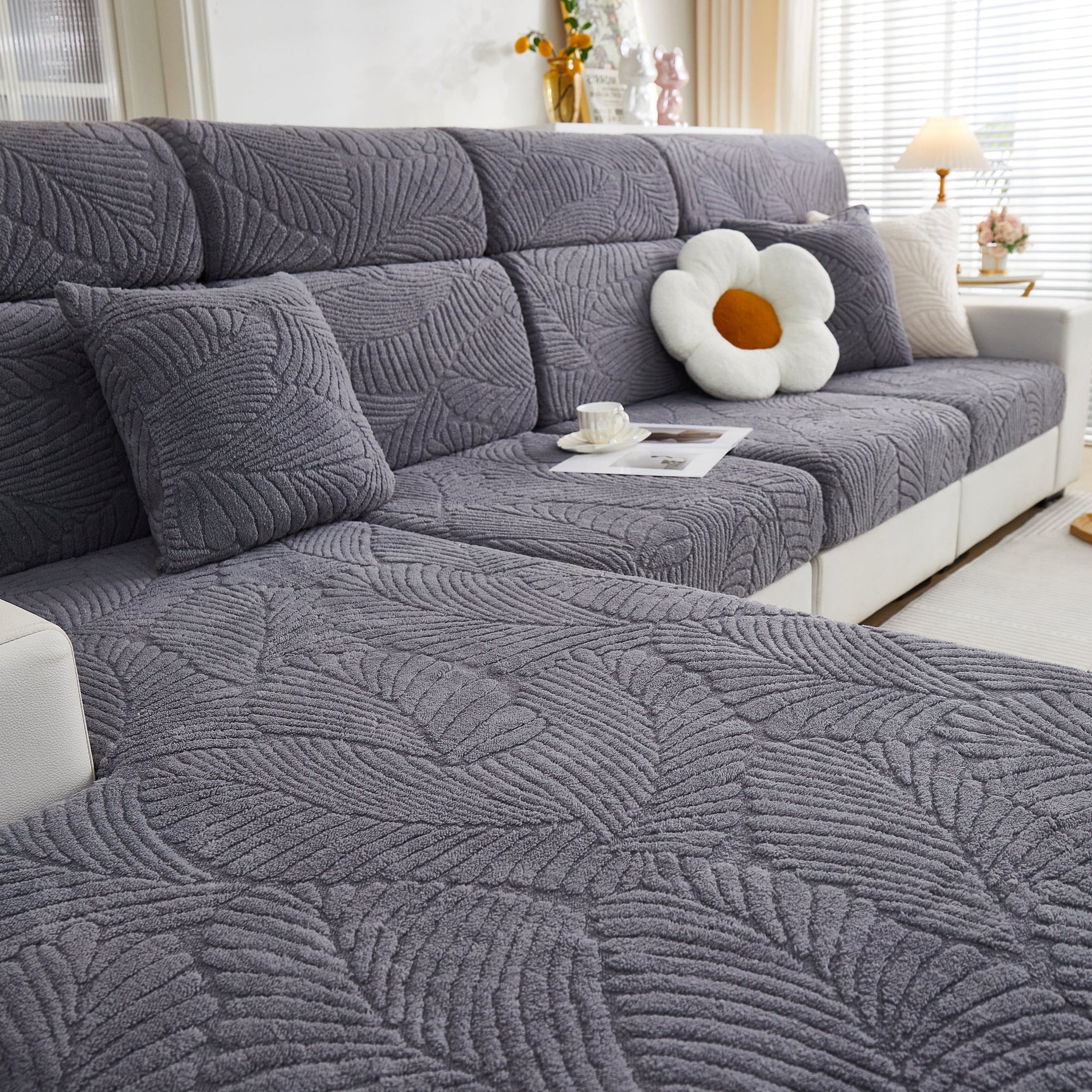 Cozy Plush Coral Fleece Sofa Cushion Slipcovers, Stretch Leaves Cushion Covers, Furniture Slipcovers - Ornate Home