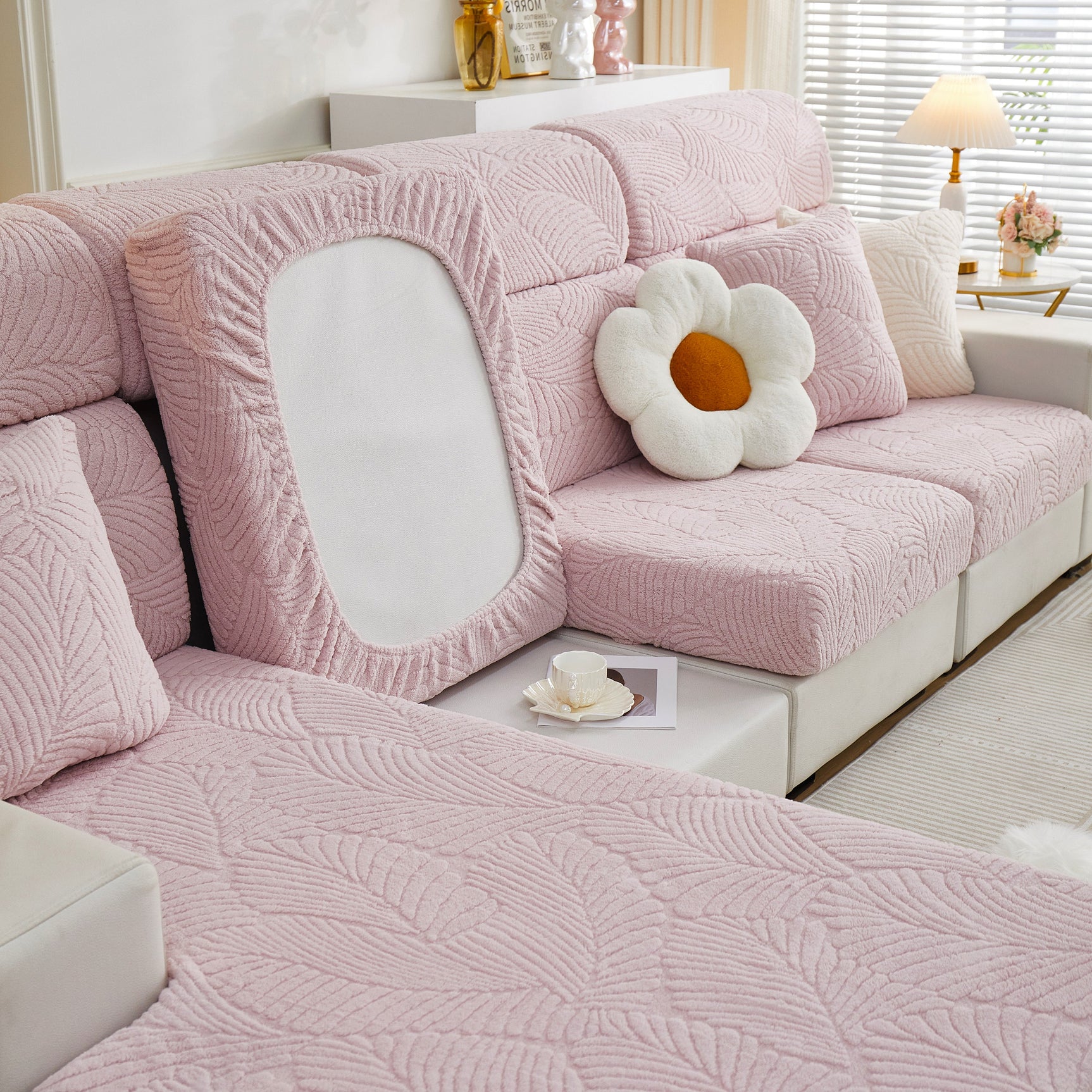 Cozy Plush Coral Fleece Sofa Cushion Slipcovers, Stretch Leaves Cushion Covers, Furniture Slipcovers - Ornate Home