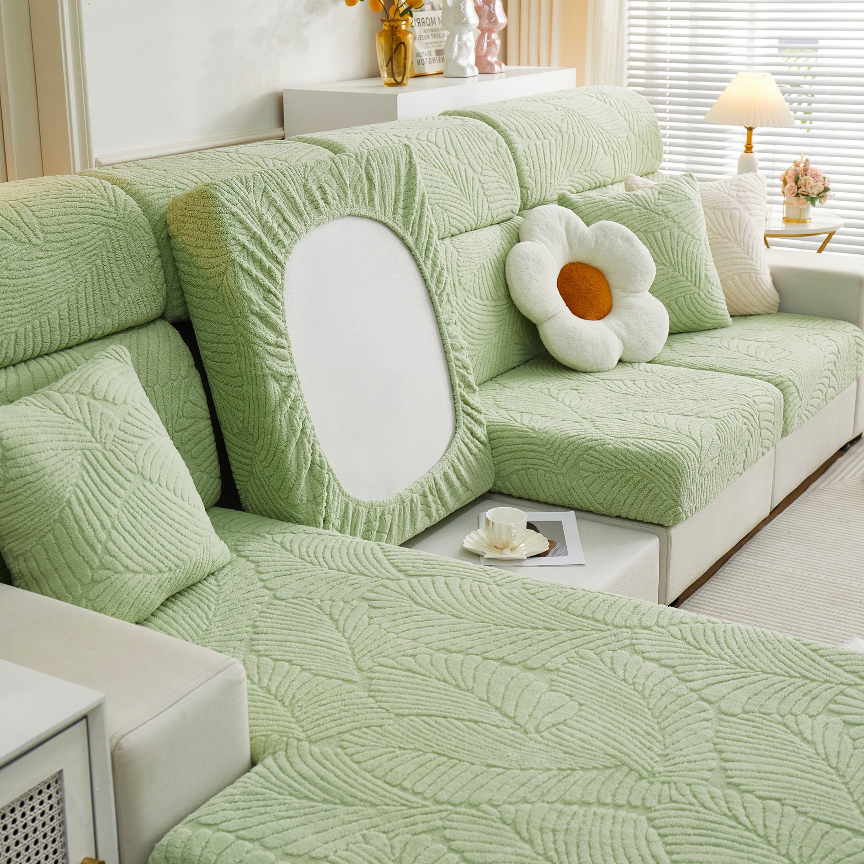 Cozy Plush Coral Fleece Sofa Cushion Slipcovers, Stretch Leaves Cushion Covers, Furniture Slipcovers - Ornate Home