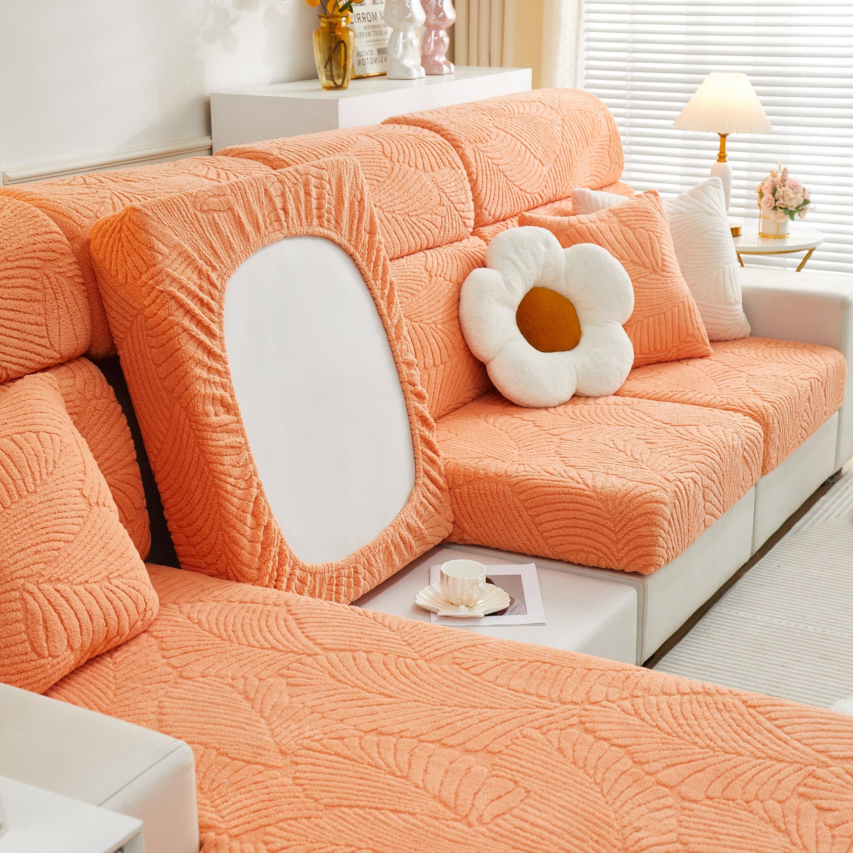 Cozy Plush Coral Fleece Sofa Cushion Slipcovers, Stretch Leaves Cushion Covers, Furniture Slipcovers - Ornate Home
