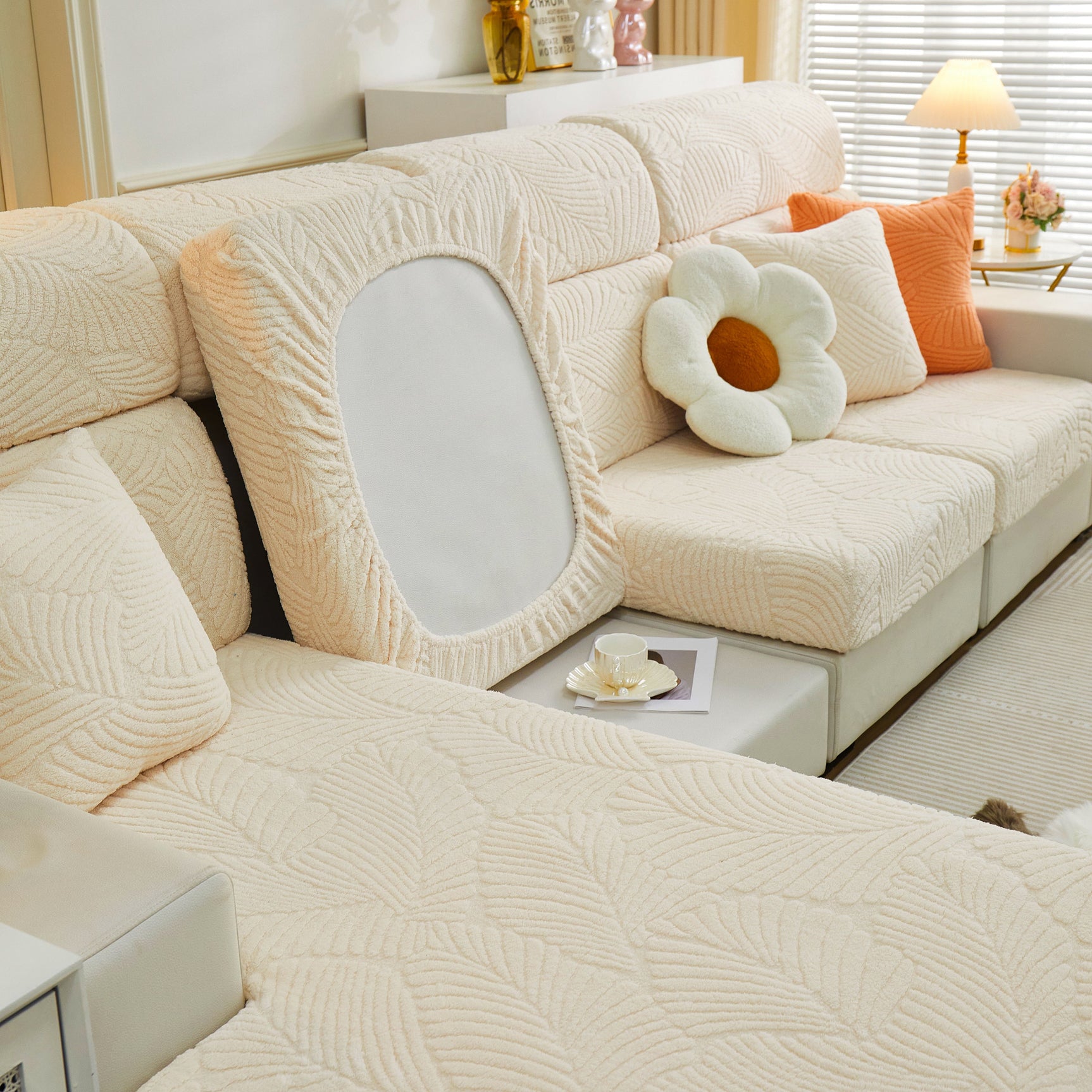 Cozy Plush Coral Fleece Sofa Cushion Slipcovers, Stretch Leaves Cushion Covers, Furniture Slipcovers - Ornate Home