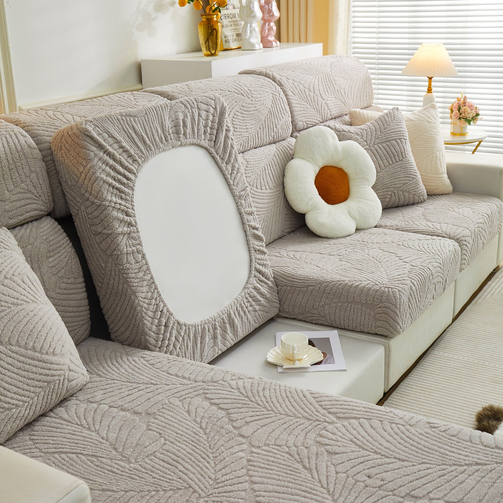 Cozy Plush Coral Fleece Sofa Cushion Slipcovers, Stretch Leaves Cushion Covers, Furniture Slipcovers - Ornate Home