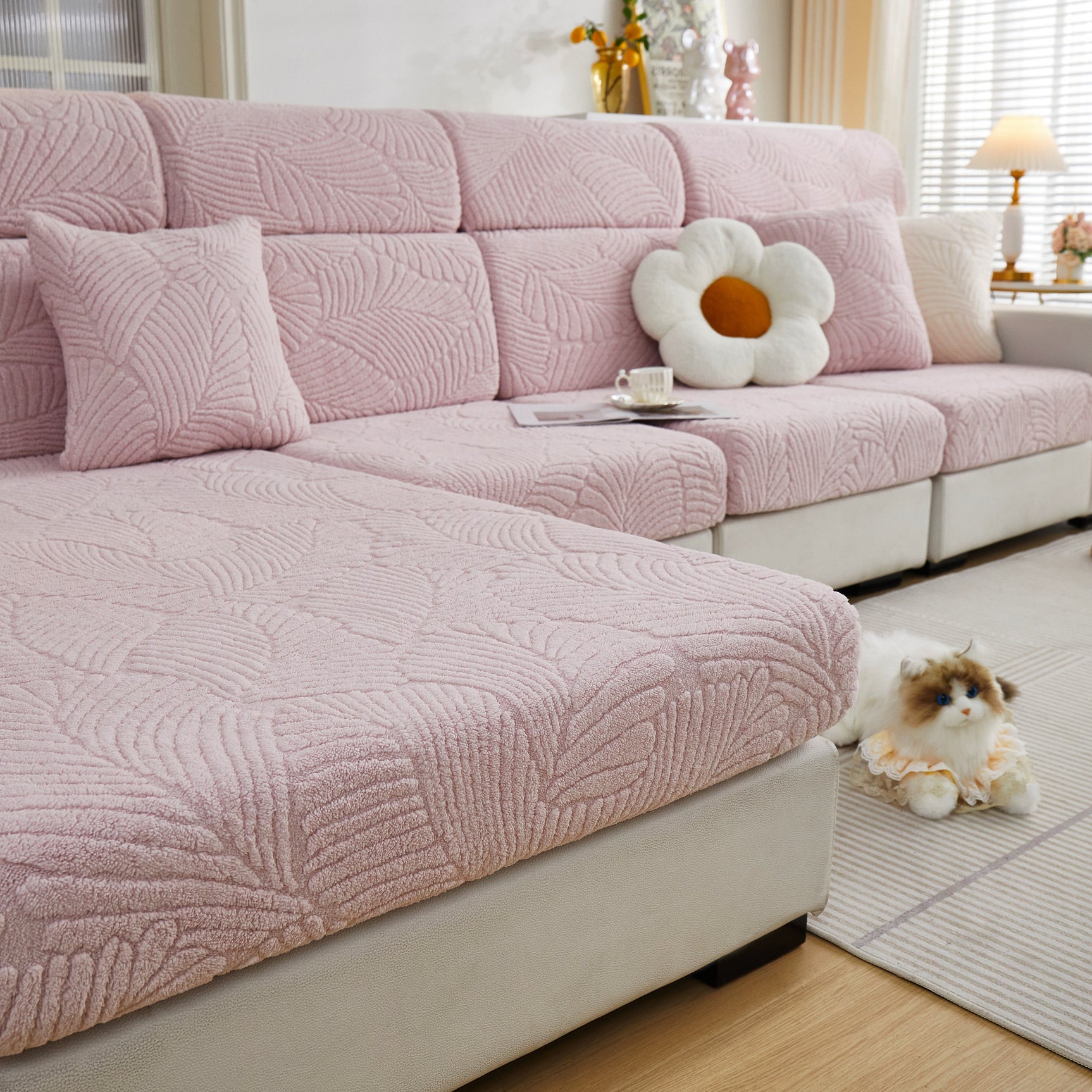Cozy Plush Coral Fleece Sofa Cushion Slipcovers, Stretch Leaves Cushion Covers, Furniture Slipcovers - Ornate Home