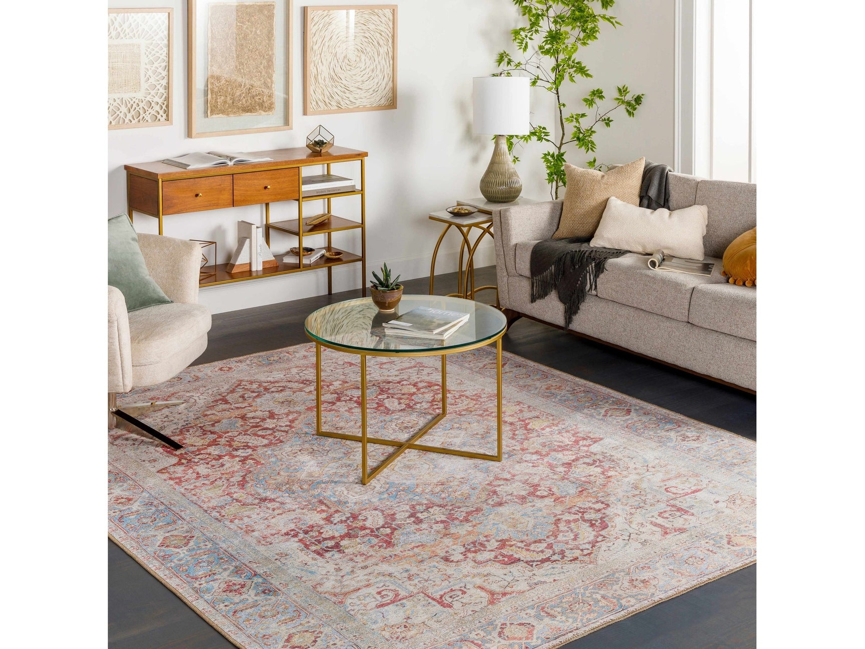 Cream Rust Leeston Vintage Washable Area Rug - Clearance - Ornate Home