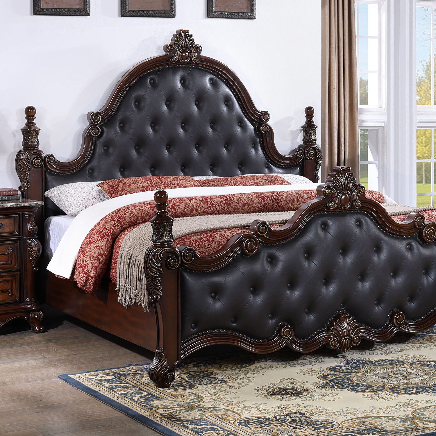 Cremona Dark Cherry 5 Pc. Queen Leatherette Bedroom Set w/ 2NS - Ornate Home