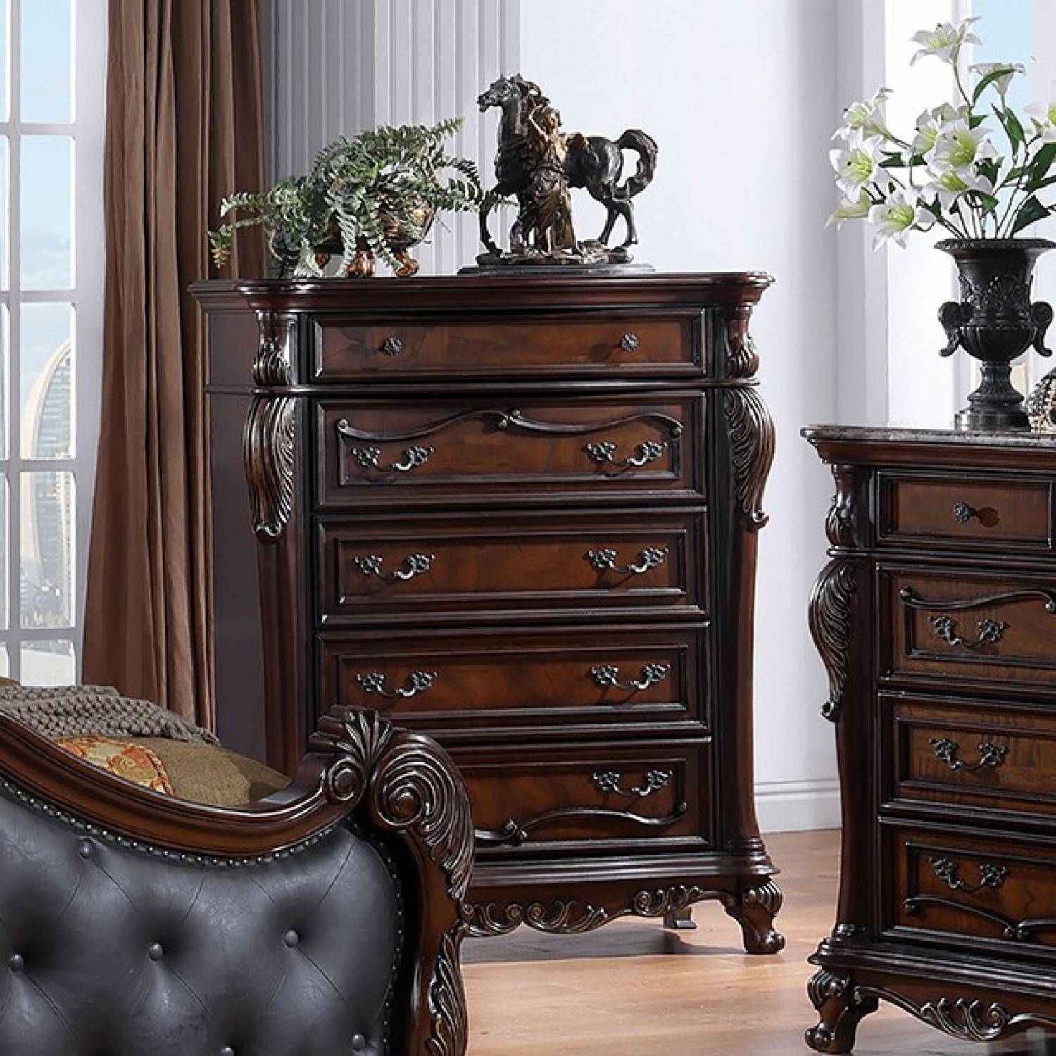 Cremona Dark Cherry 5 Pc. Queen Leatherette Bedroom Set w/ Chest - Ornate Home
