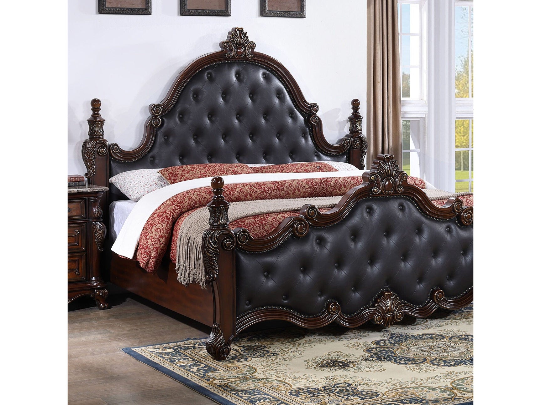 Cremona Dark Cherry E.King Bed Leatherette - Ornate Home