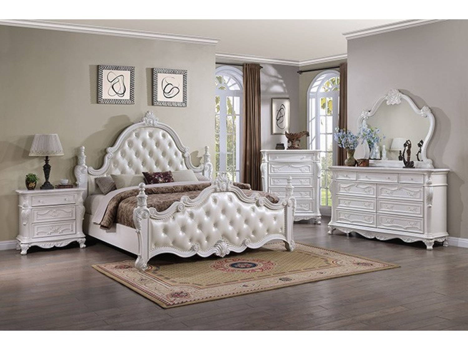 Cremona White 5 Pc. Queen Bedroom Leatherette Set w/ 2NS - Ornate Home