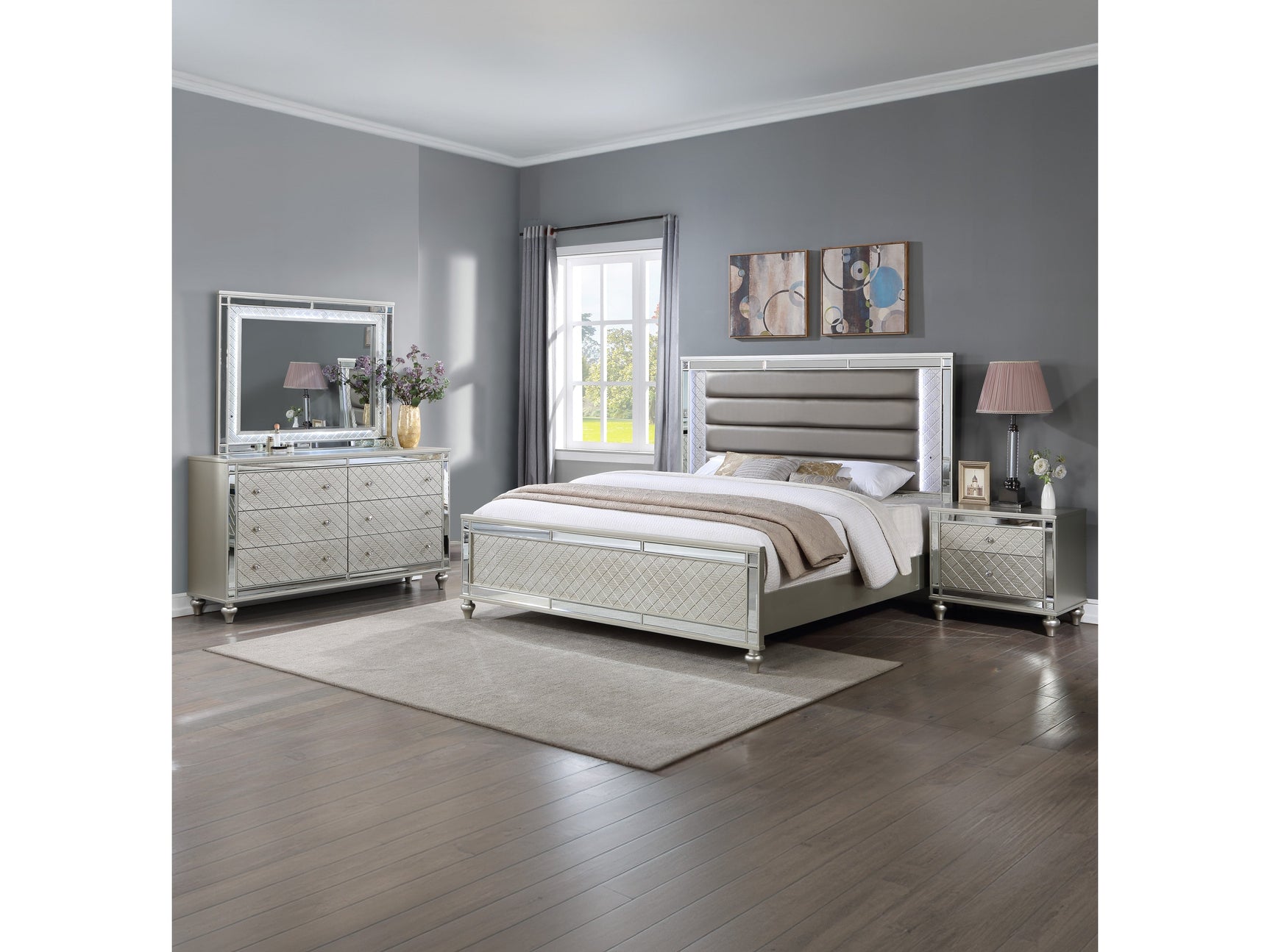 Cristian Champagne LED Upholstered Panel Bedroom Set - Ornate Home