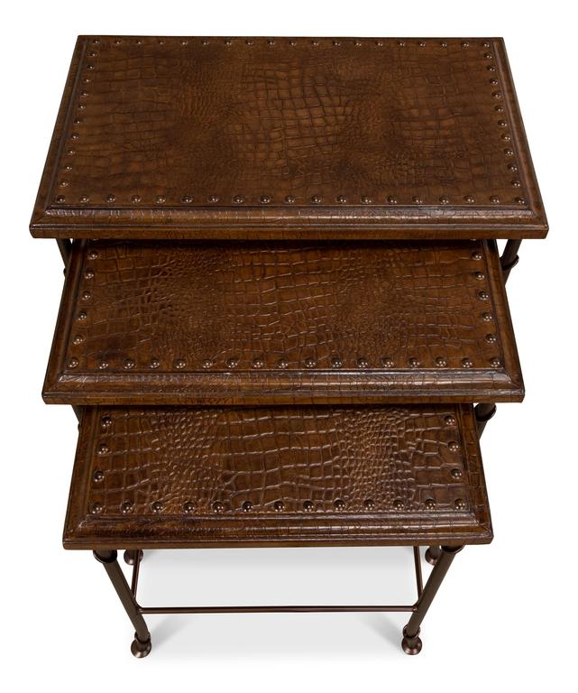 Croc Brown Leather Nesting Tables (Set of 3) - Ornate Home