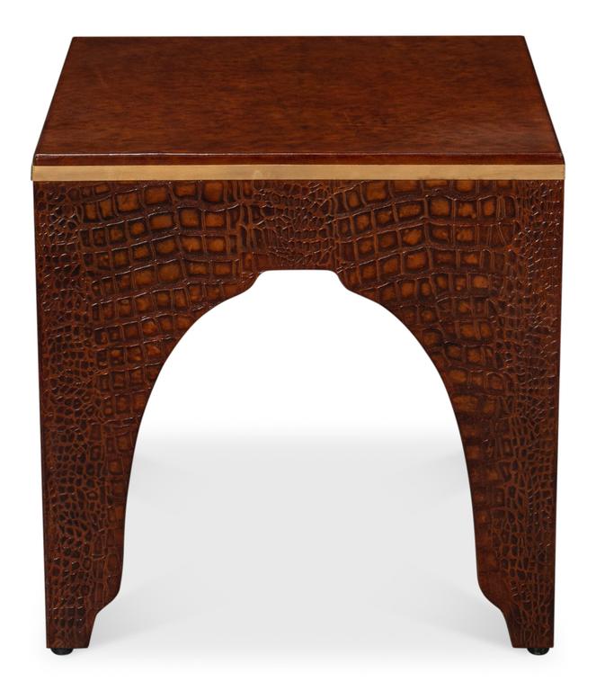 Croco Embossed Brown Leather Stool - Ornate Home