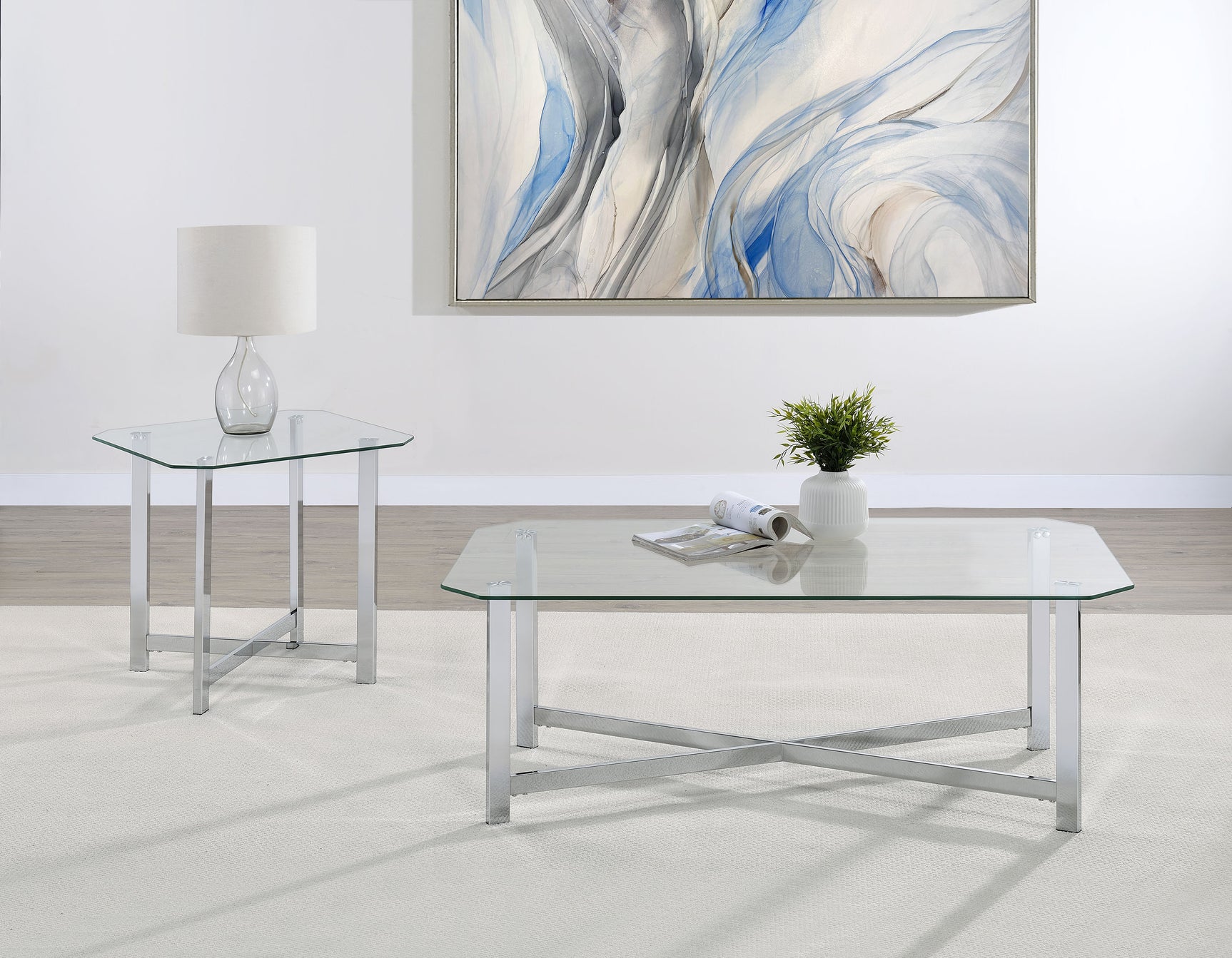 Cronin Chrome 2-piece Tempered Glass Top Coffee Table Set - Ornate Home