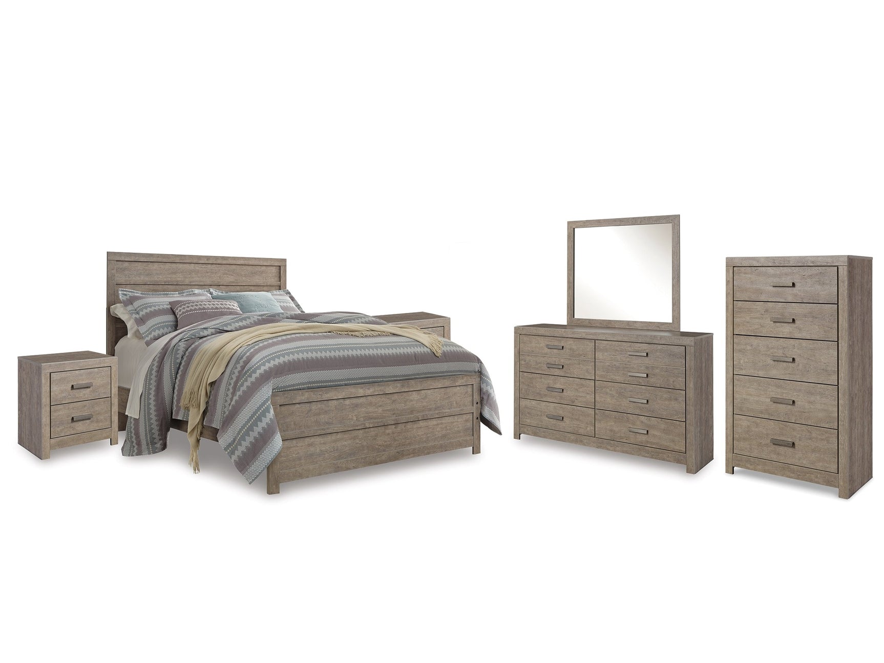 Culverbach Gray Queen Panel Bedroom Set with Dresser and Mirror, Chest and 2 Nightstands - Ornate Home