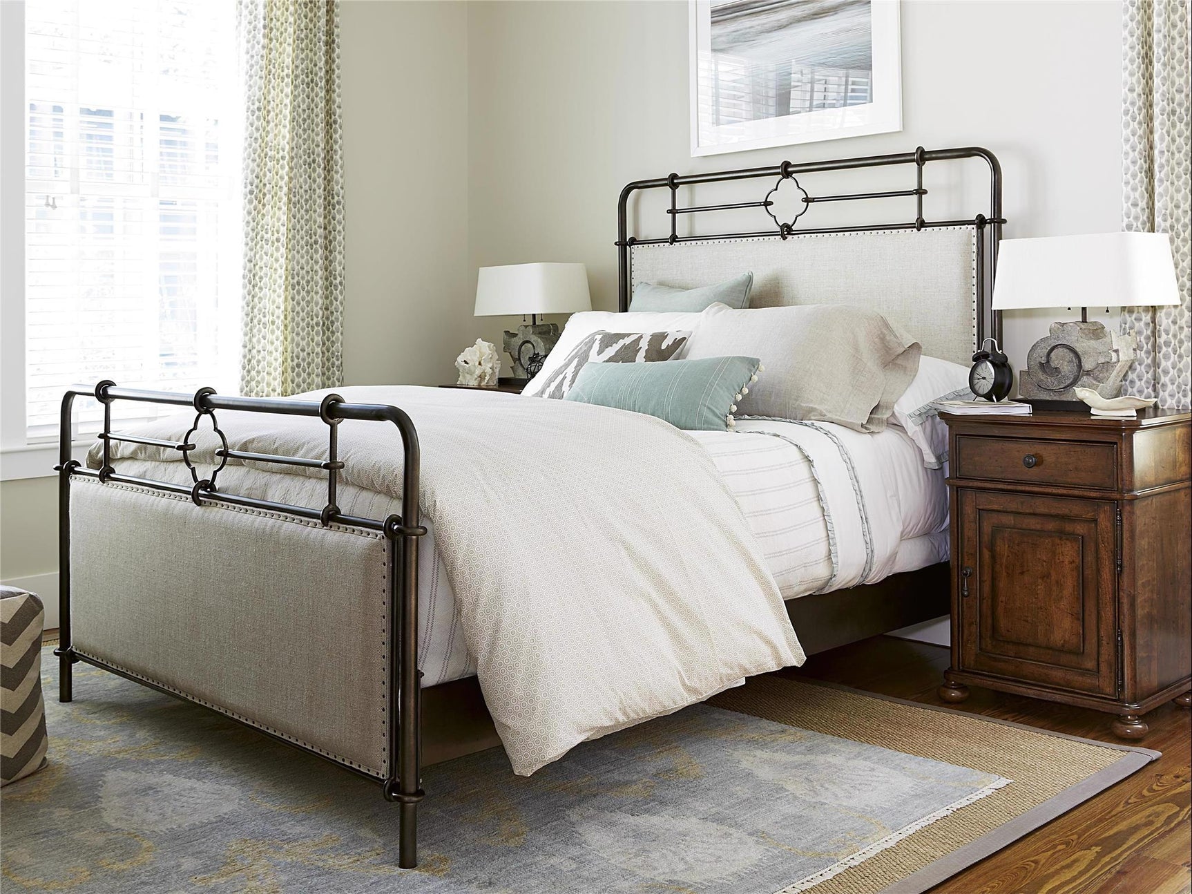Curated Rubbed Bronze/Monique Linen King Metal Bed Complete - Ornate Home