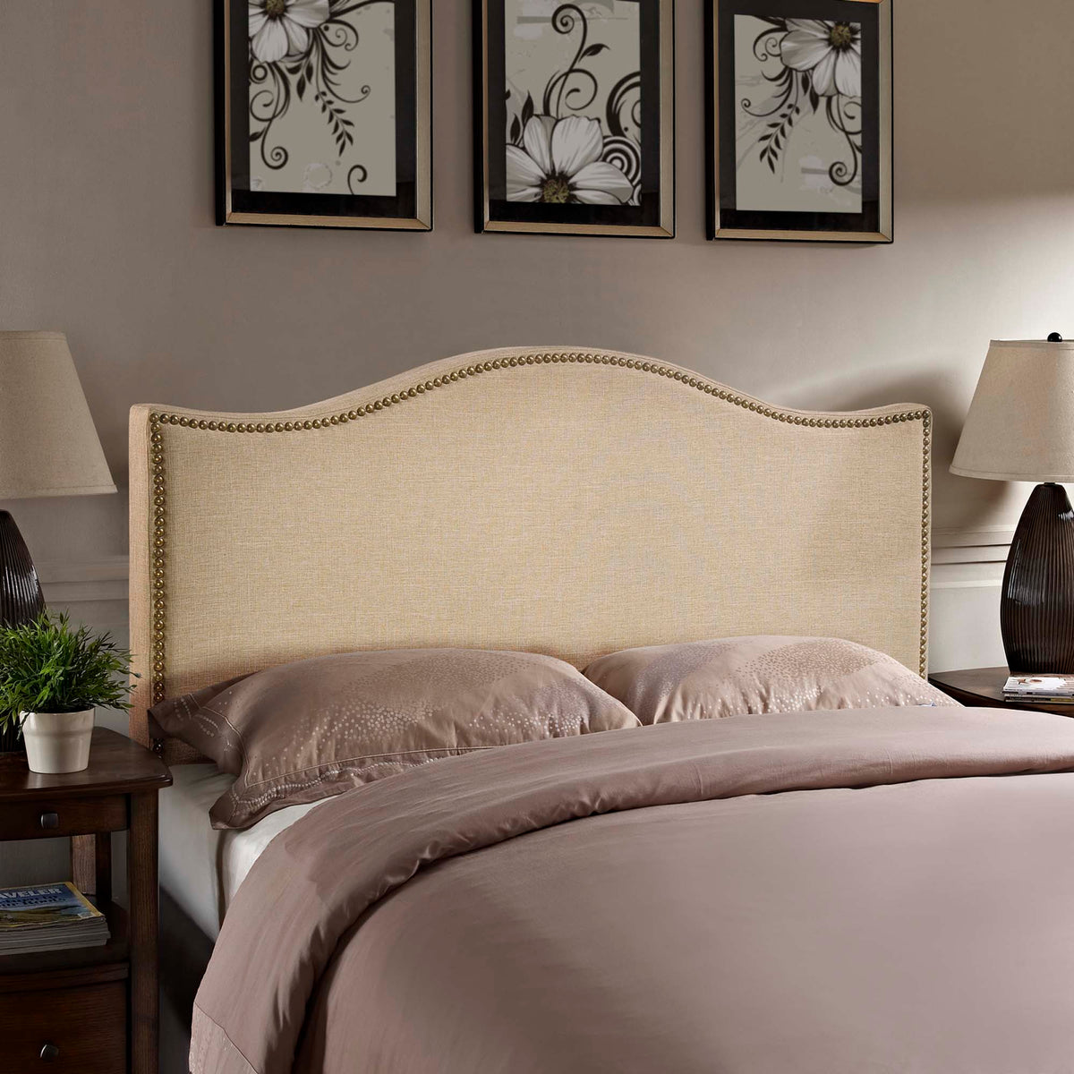 Curl Cafe Nailhead Upholstered Queen Headboard - Ornate Home