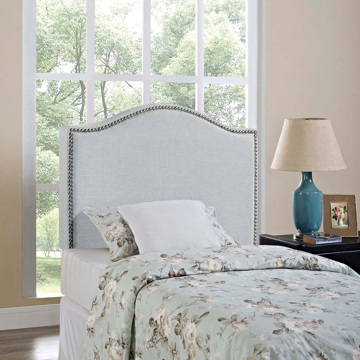Curl Sky Gray Nailhead Upholstered Twin Headboard - Ornate Home