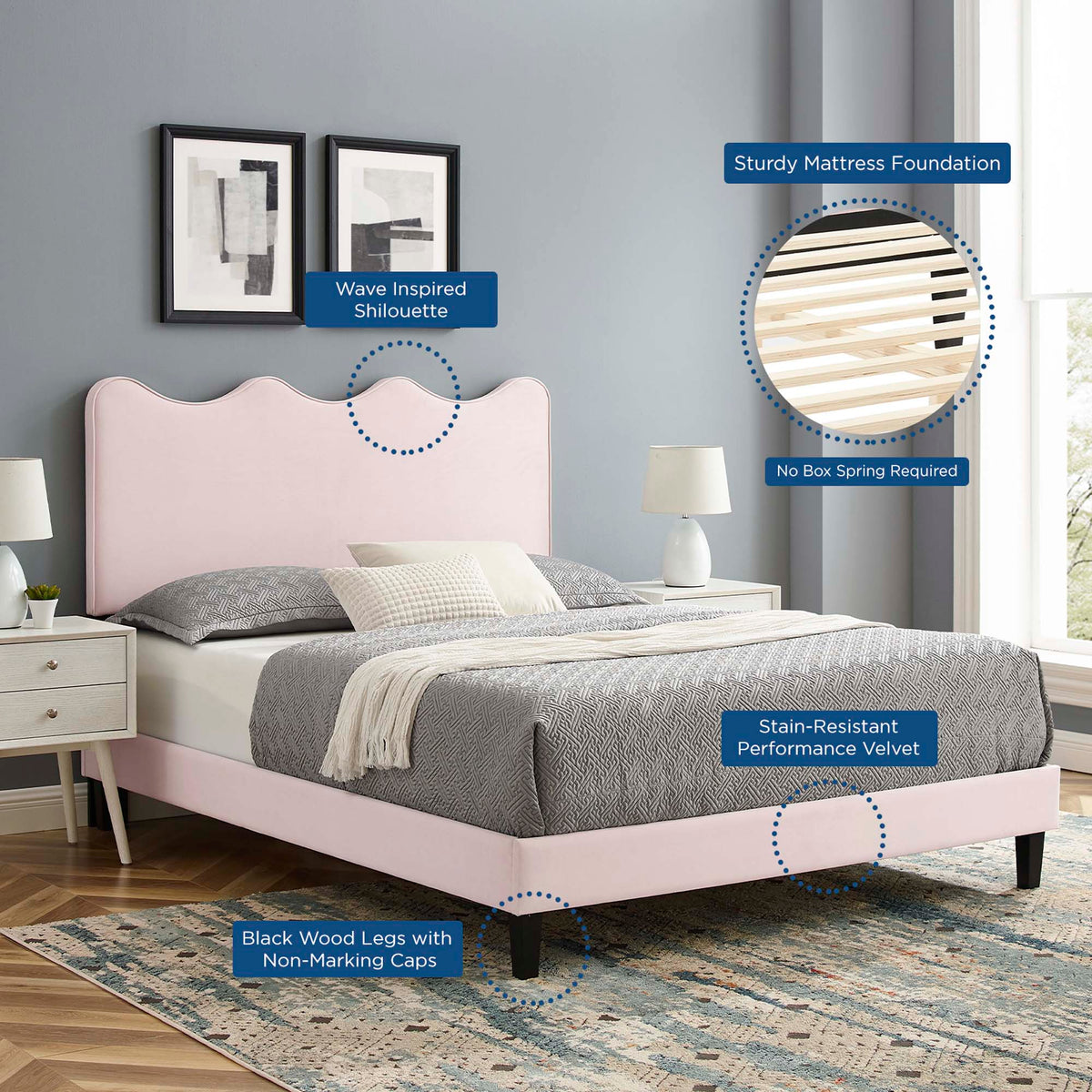 Current Pink Performance Velvet Queen Platform Bed - 84.5x63.5" - Ornate Home