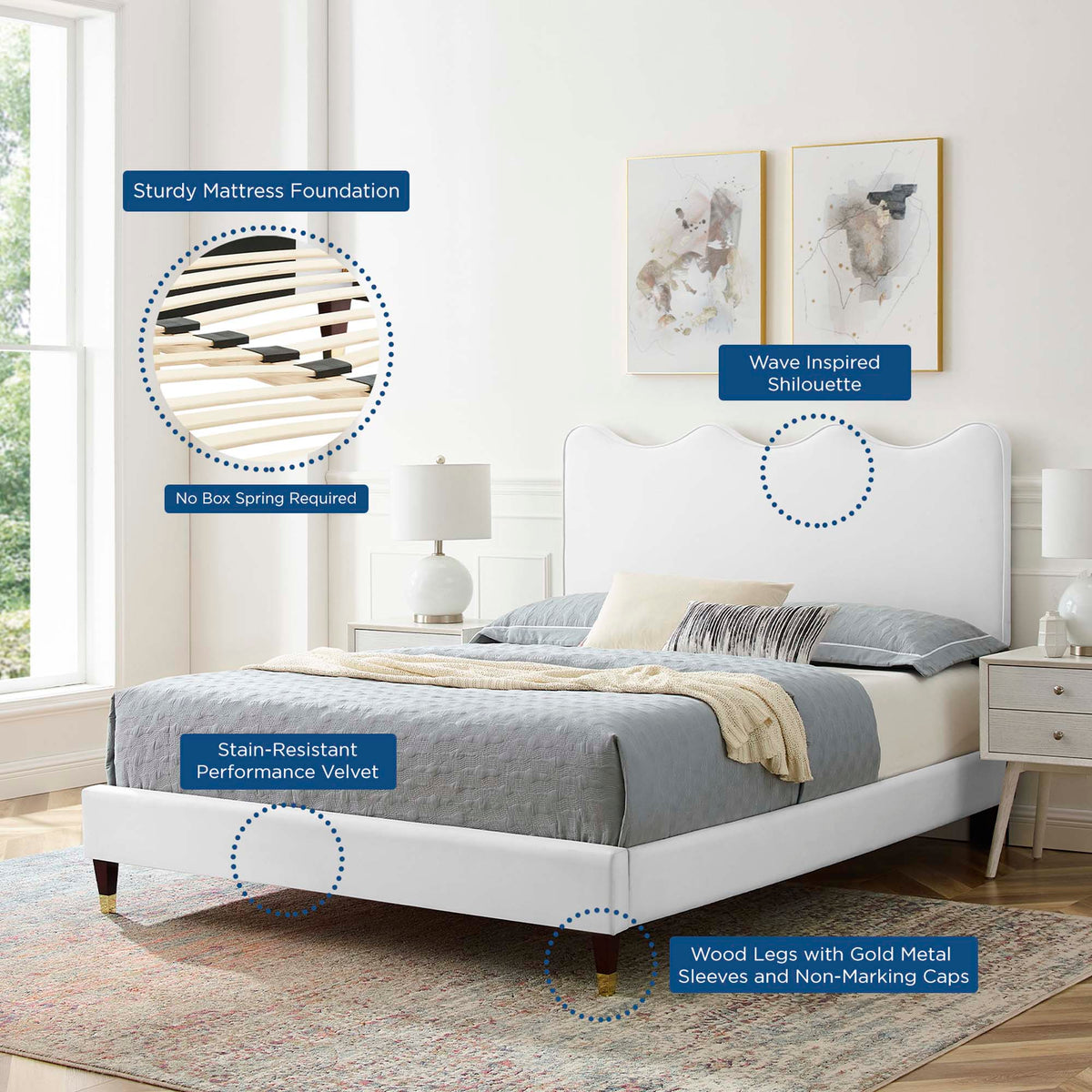 Current White Performance Velvet Queen Platform Bed - 89.5x63.5" - Ornate Home