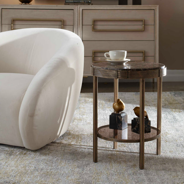 Cusano Brass/Brown Round Dark Marble Accent Table - Ornate Home