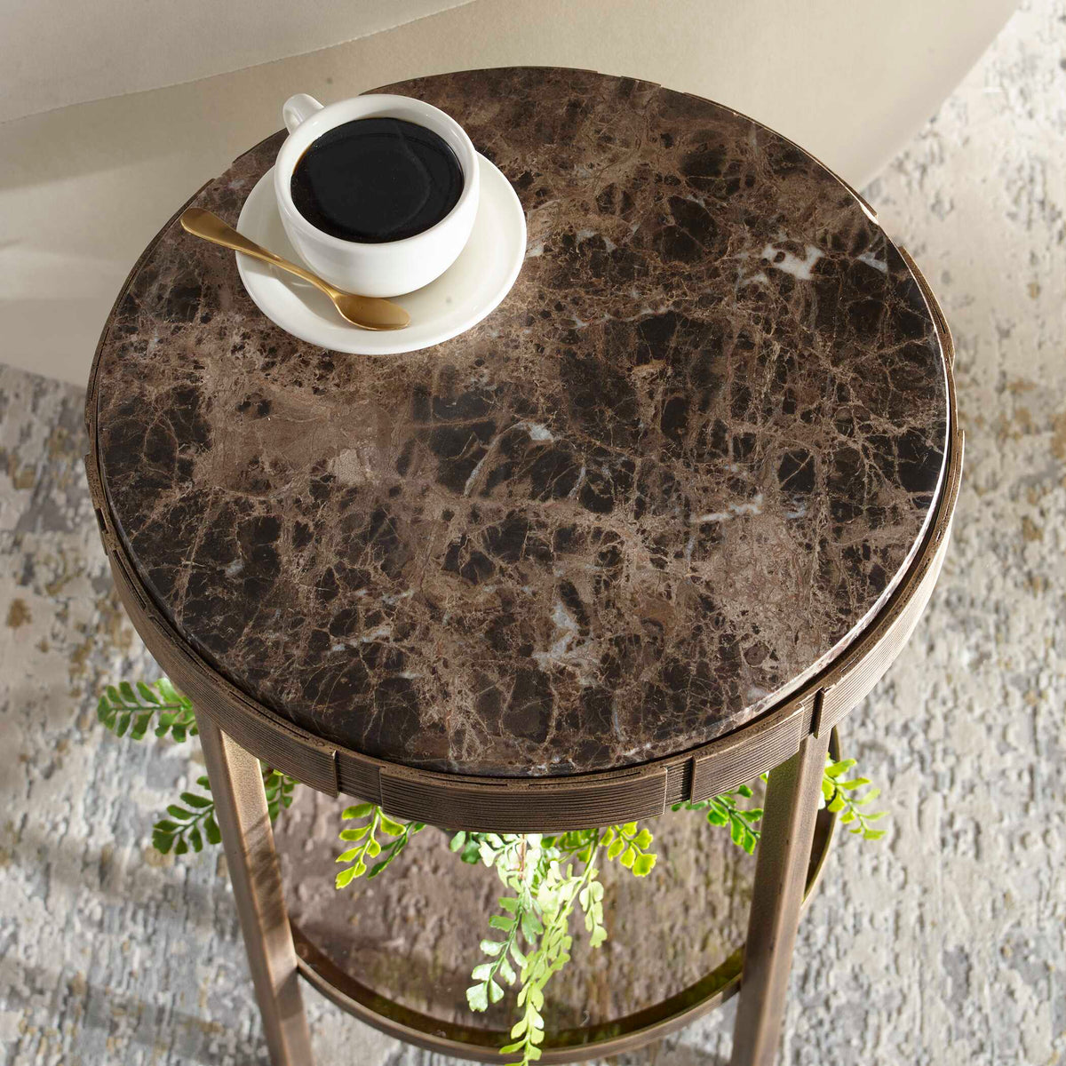 Cusano Brass/Brown Round Dark Marble Accent Table - Ornate Home