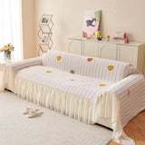 Cute Dotted Stripe Couch Protector, Non-Slip Washable Sofa Cover with Ruffled Skirt - Ornate Home