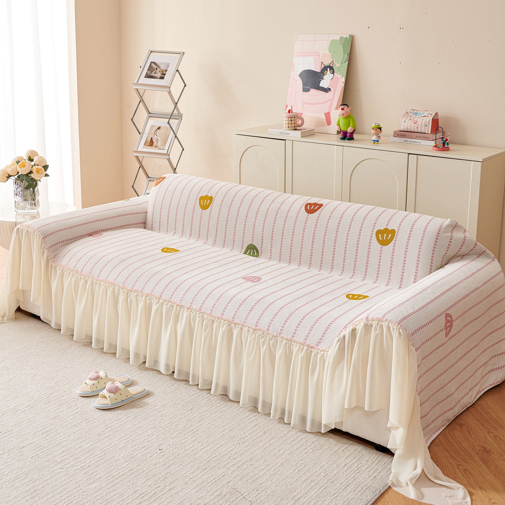 Cute Dotted Stripe Couch Protector, Non-Slip Washable Sofa Cover with Ruffled Skirt - Ornate Home