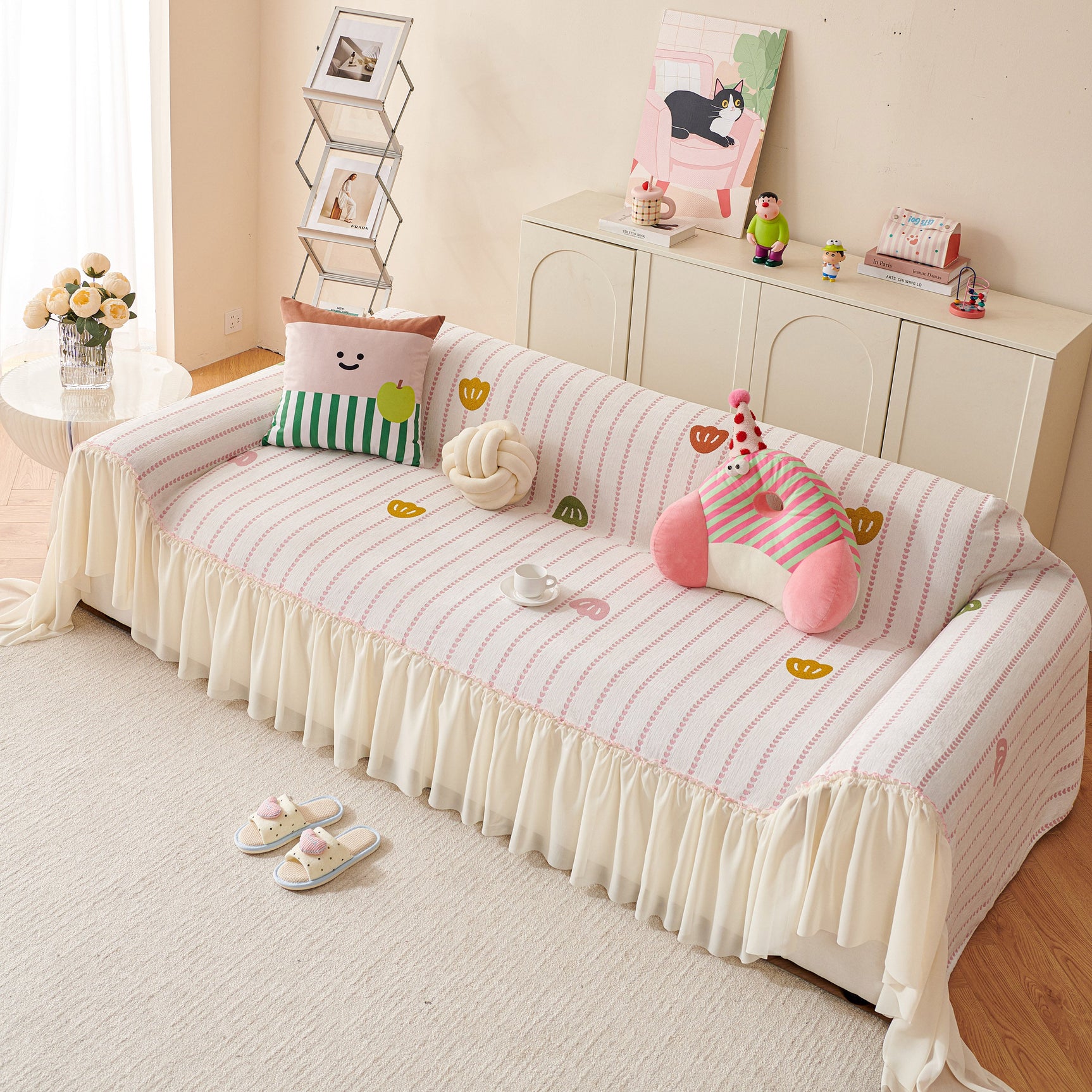 Cute Dotted Stripe Couch Protector, Non-Slip Washable Sofa Cover with Ruffled Skirt - Ornate Home