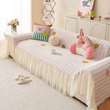 Cute Dotted Stripe Couch Protector, Non-Slip Washable Sofa Cover with Ruffled Skirt - Ornate Home