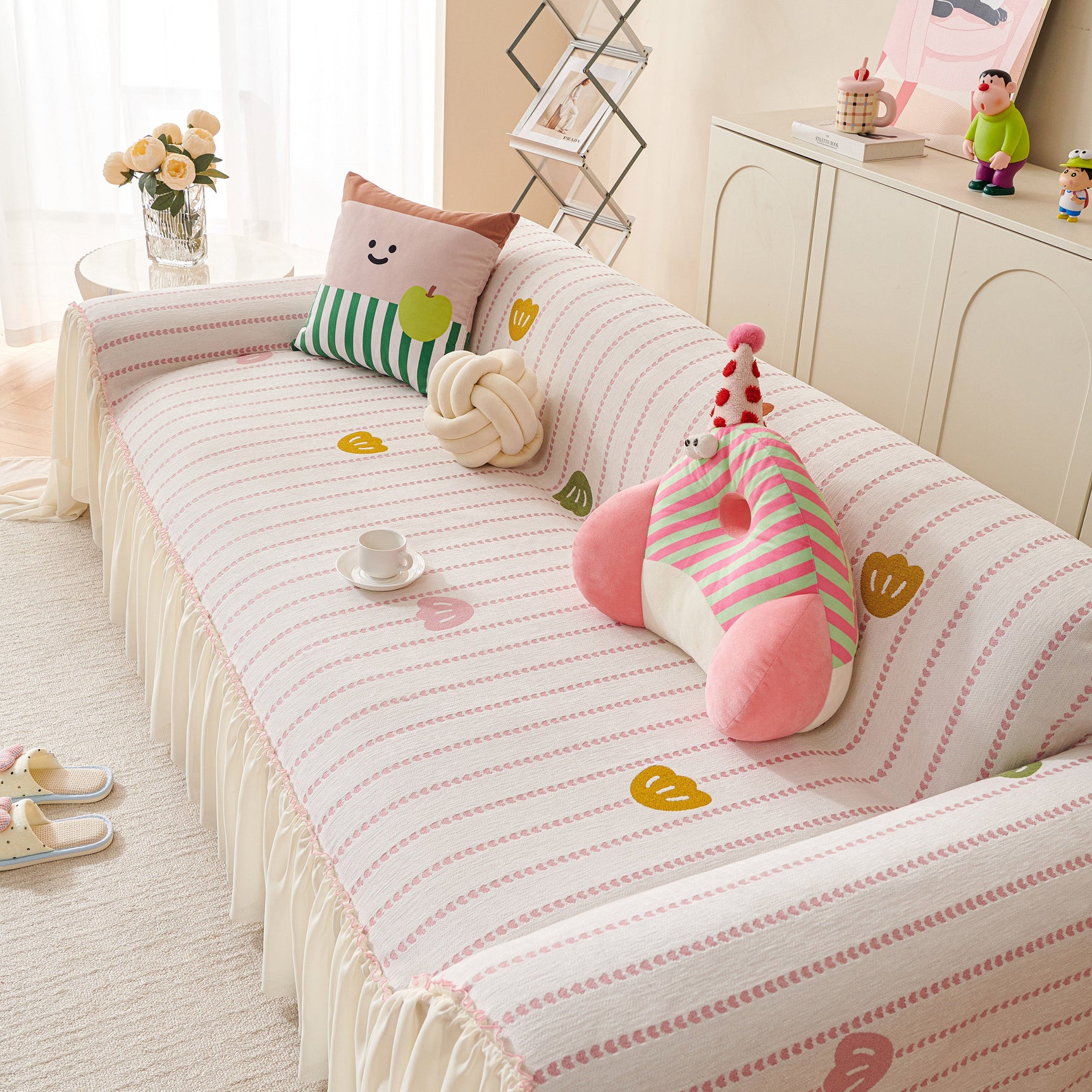 Cute Dotted Stripe Couch Protector, Non-Slip Washable Sofa Cover with Ruffled Skirt - Ornate Home