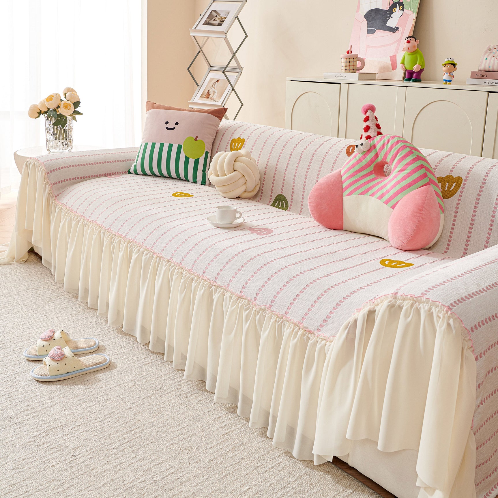 Cute Dotted Stripe Couch Protector, Non-Slip Washable Sofa Cover with Ruffled Skirt - Ornate Home
