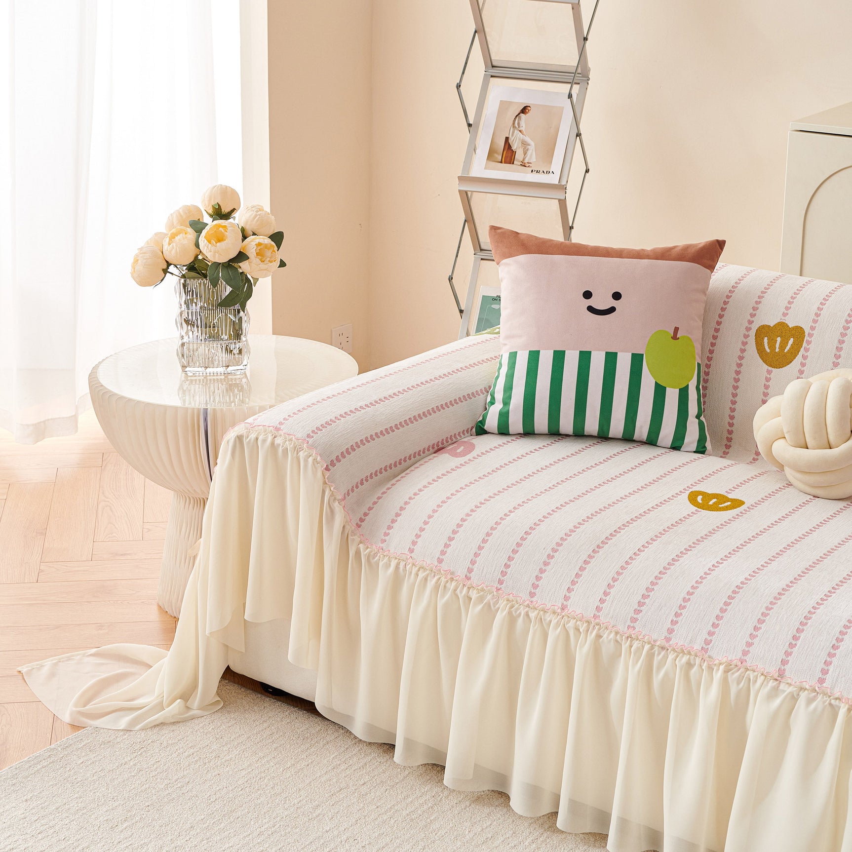 Cute Dotted Stripe Couch Protector, Non-Slip Washable Sofa Cover with Ruffled Skirt - Ornate Home