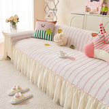 Cute Dotted Stripe Couch Protector, Non-Slip Washable Sofa Cover with Ruffled Skirt - Ornate Home