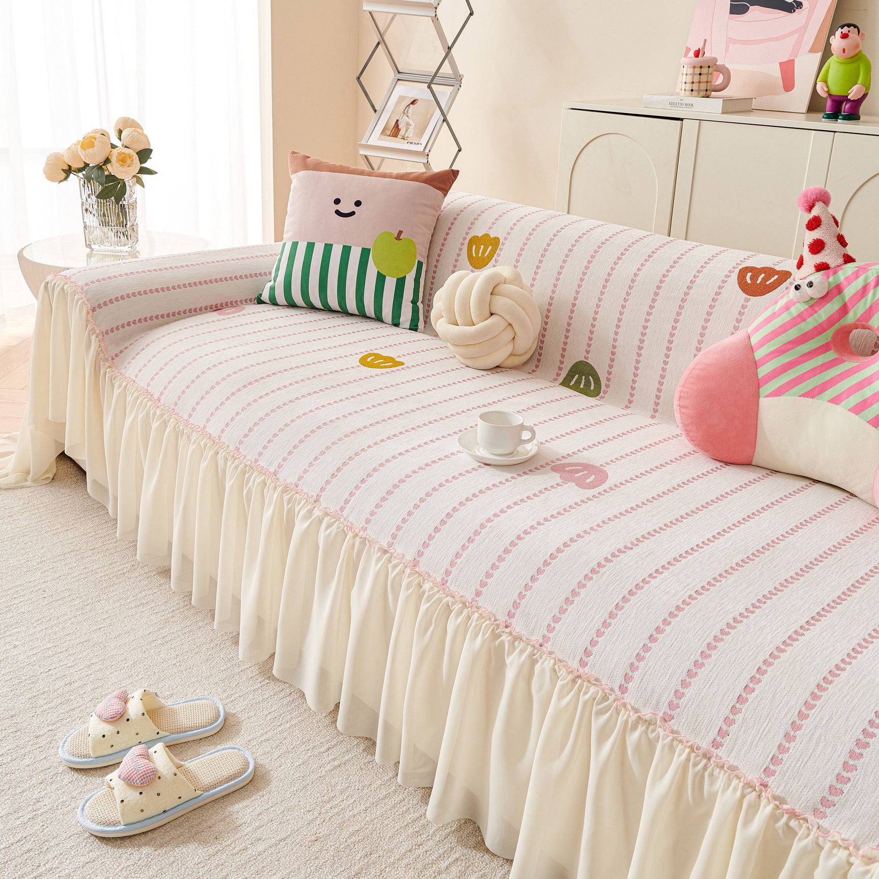 Cute Dotted Stripe Couch Protector, Non-Slip Washable Sofa Cover with Ruffled Skirt - Ornate Home