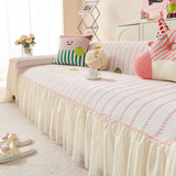 Cute Dotted Stripe Couch Protector, Non-Slip Washable Sofa Cover with Ruffled Skirt - Ornate Home