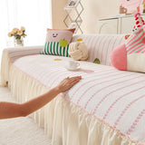 Cute Dotted Stripe Couch Protector, Non-Slip Washable Sofa Cover with Ruffled Skirt - Ornate Home