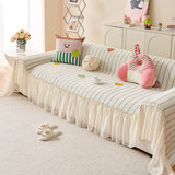 Cute Dotted Stripe Couch Protector, Non-Slip Washable Sofa Cover with Ruffled Skirt - Ornate Home