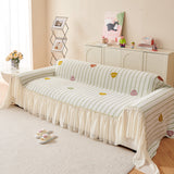 Cute Dotted Stripe Couch Protector, Non-Slip Washable Sofa Cover with Ruffled Skirt - Ornate Home