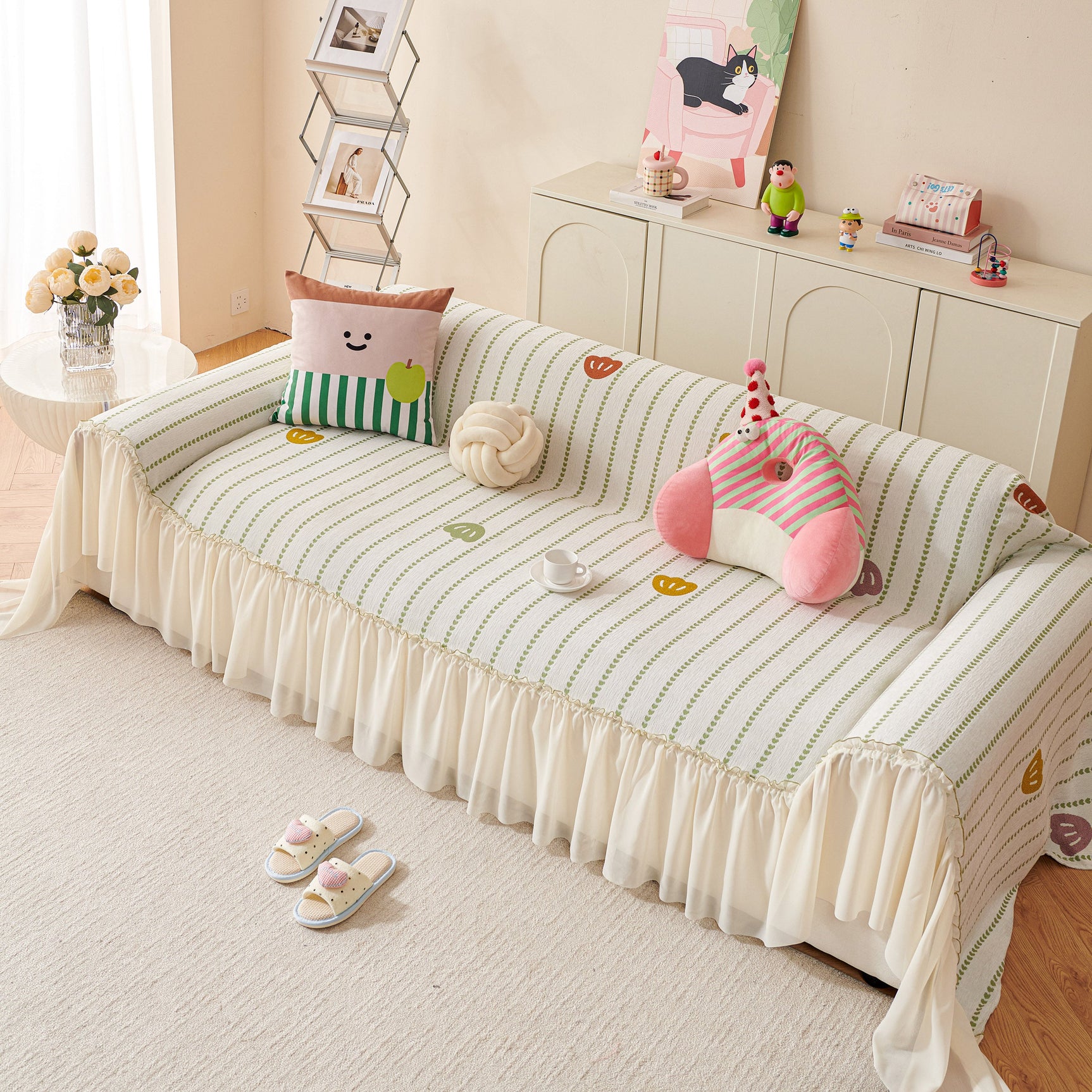 Cute Dotted Stripe Couch Protector, Non-Slip Washable Sofa Cover with Ruffled Skirt - Ornate Home
