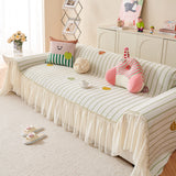 Cute Dotted Stripe Couch Protector, Non-Slip Washable Sofa Cover with Ruffled Skirt - Ornate Home