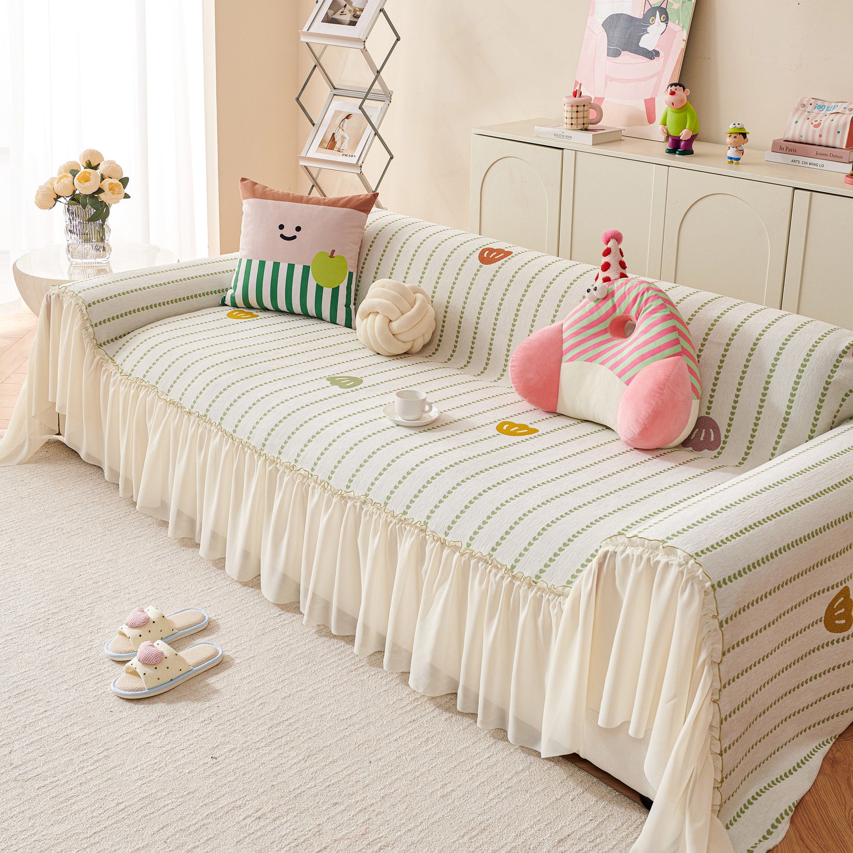 Cute Dotted Stripe Couch Protector, Non-Slip Washable Sofa Cover with Ruffled Skirt - Ornate Home