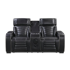 Cyber Black Power Double Reclining Loveseat With Center Console Power Headrests Storage Arms Cup Holders Wireless Speakers With Sub-woofer Air Massage Heat Led Lighting And Charging Ports - Ornate Home