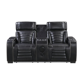 Cyber Black Power Double Reclining Loveseat With Center Console Power Headrests Storage Arms Cup Holders Wireless Speakers With Sub-woofer Air Massage Heat Led Lighting And Charging Ports - Ornate Home