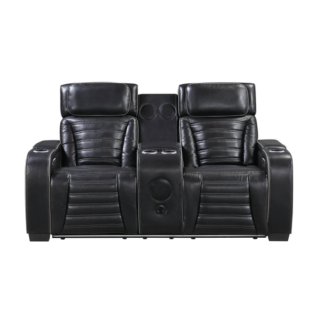 Cyber Black Power Double Reclining Loveseat With Center Console Power Headrests Storage Arms Cup Holders Wireless Speakers With Sub-woofer Air Massage Heat Led Lighting And Charging Ports - Ornate Home