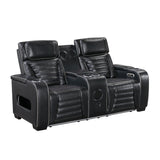 Cyber Black Power Double Reclining Loveseat With Center Console Power Headrests Storage Arms Cup Holders Wireless Speakers With Sub-woofer Air Massage Heat Led Lighting And Charging Ports - Ornate Home