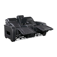 Cyber Black Power Double Reclining Loveseat With Center Console Power Headrests Storage Arms Cup Holders Wireless Speakers With Sub-woofer Air Massage Heat Led Lighting And Charging Ports - Ornate Home